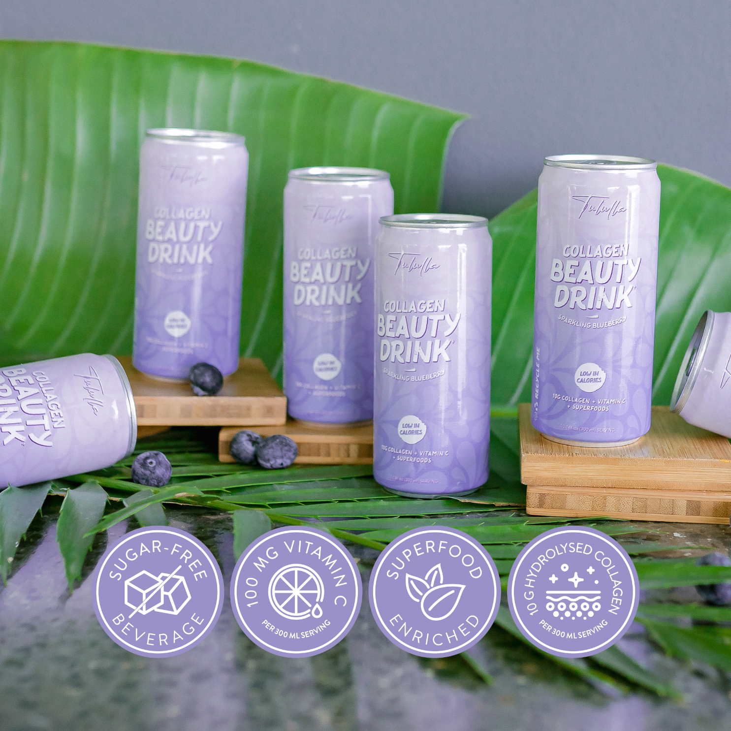 6 delicious collagen beauty drink cans with a sparkling blueberry flavour